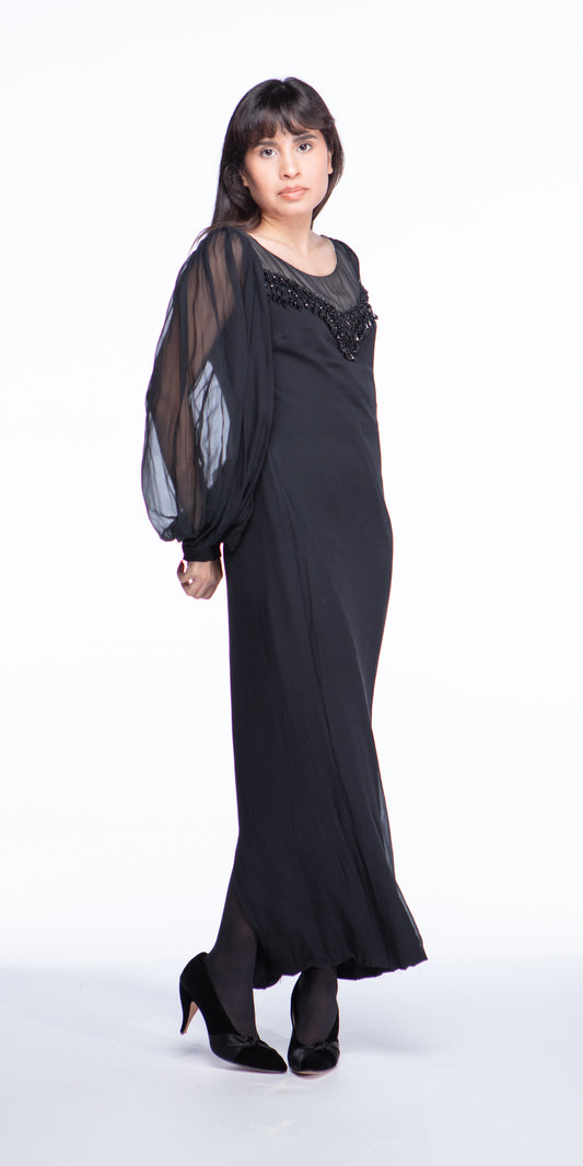 Beaded black chiffon 1960s dress