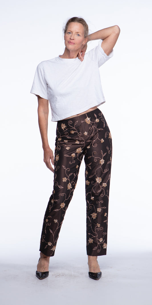 Floral brown silk pants