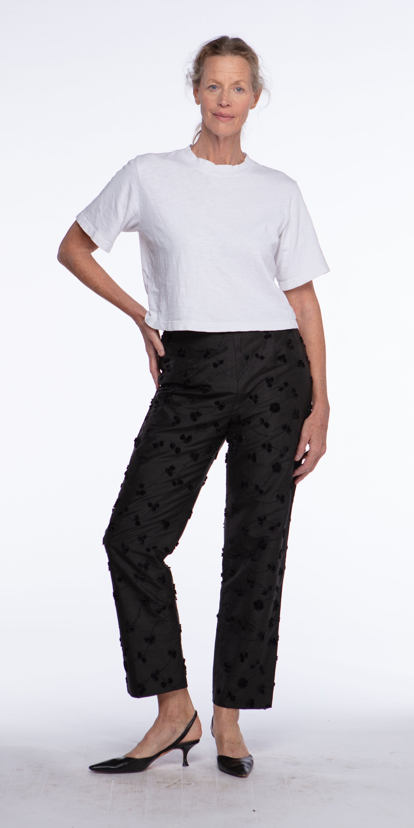 Black silk embroidered pants