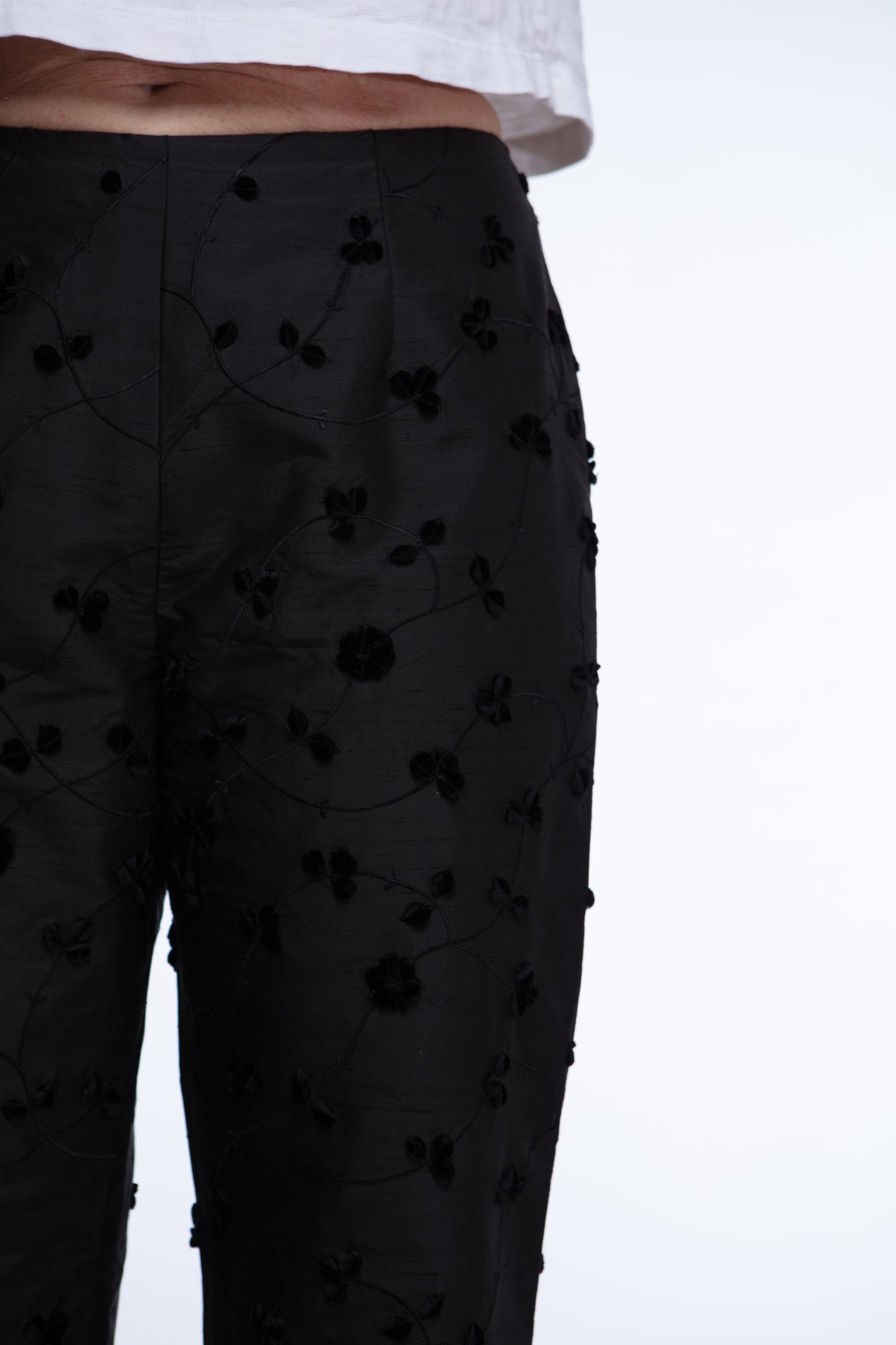 Black silk embroidered pants